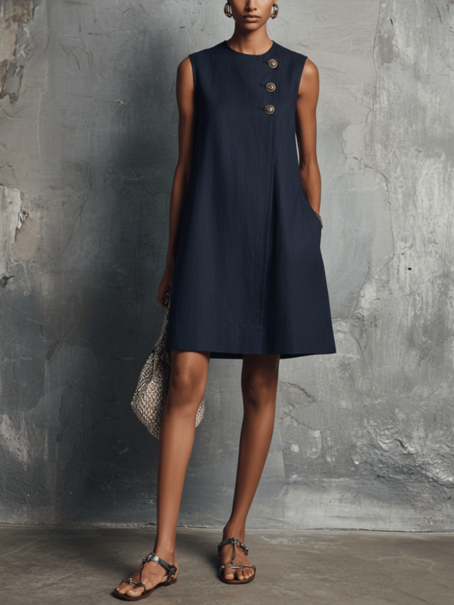 Womens dress featuring an asymmetric button detail and side pocket, designed in a lightweight minimalist commuter style perfect for everyday wear. 0
